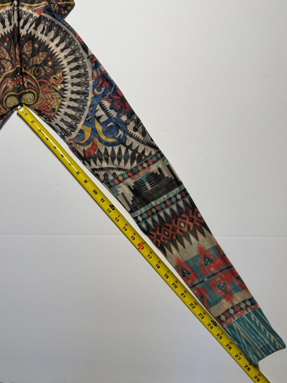 VINTAGE 90's Kaleidoscope Tribal Print Mesh Sheer Stretch Jumpsuit Cat Suit M - Picture 11 of 16